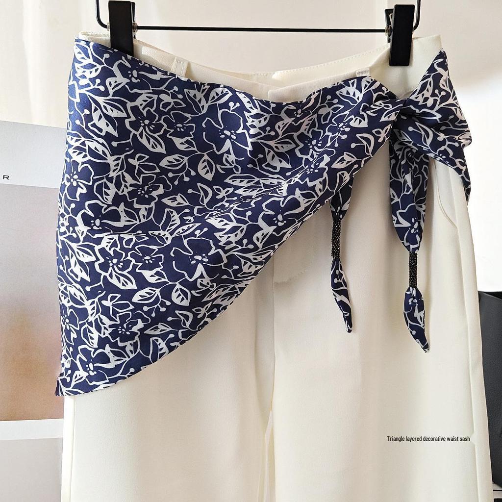 Koreańska damska warstwowa trójkątna jedwabna chusta - modny dodatek do talii na rok 2025 do dżinsów