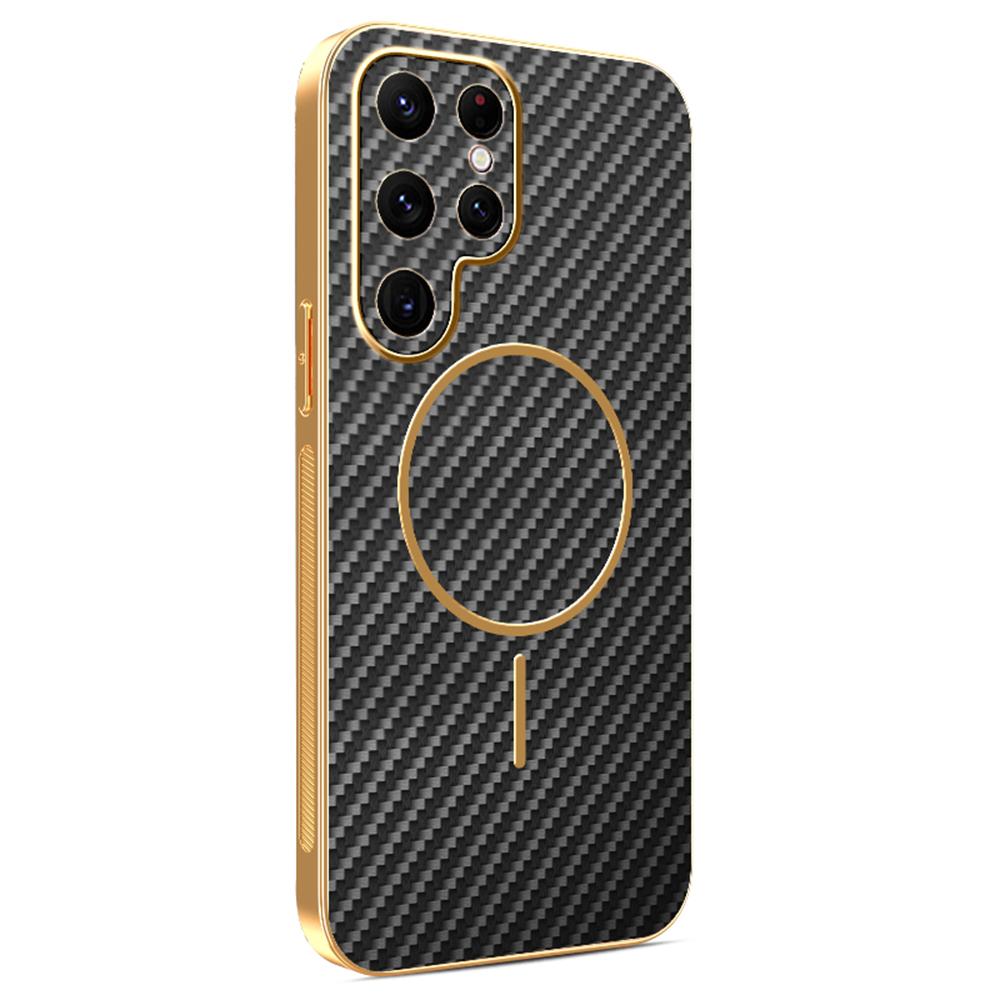 For Samsung Galaxy S22 Ultra 5G Phone Case Carbon Fiber Textured Electroplated TPU Back Cover