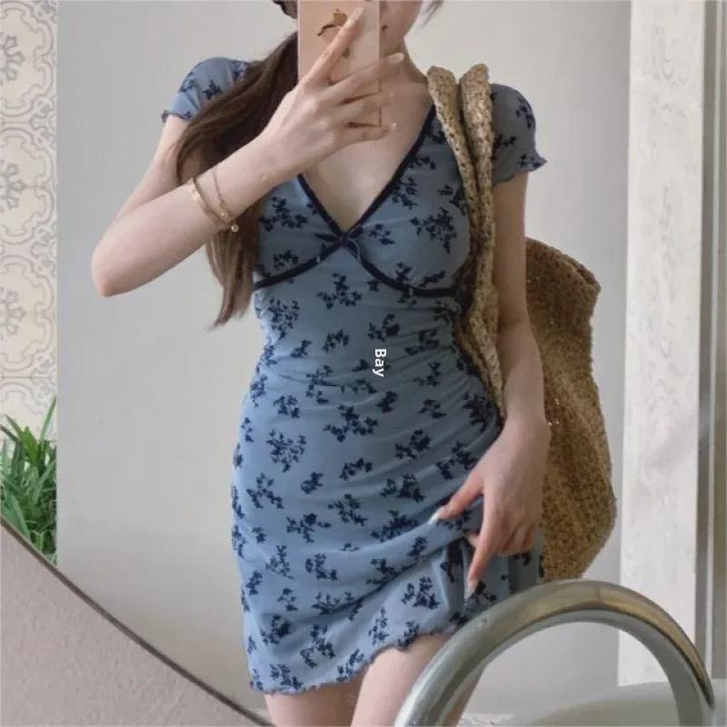 2024 Rochie scurtă în formă de A, retro, florală, în V adânc, pentru slăbire