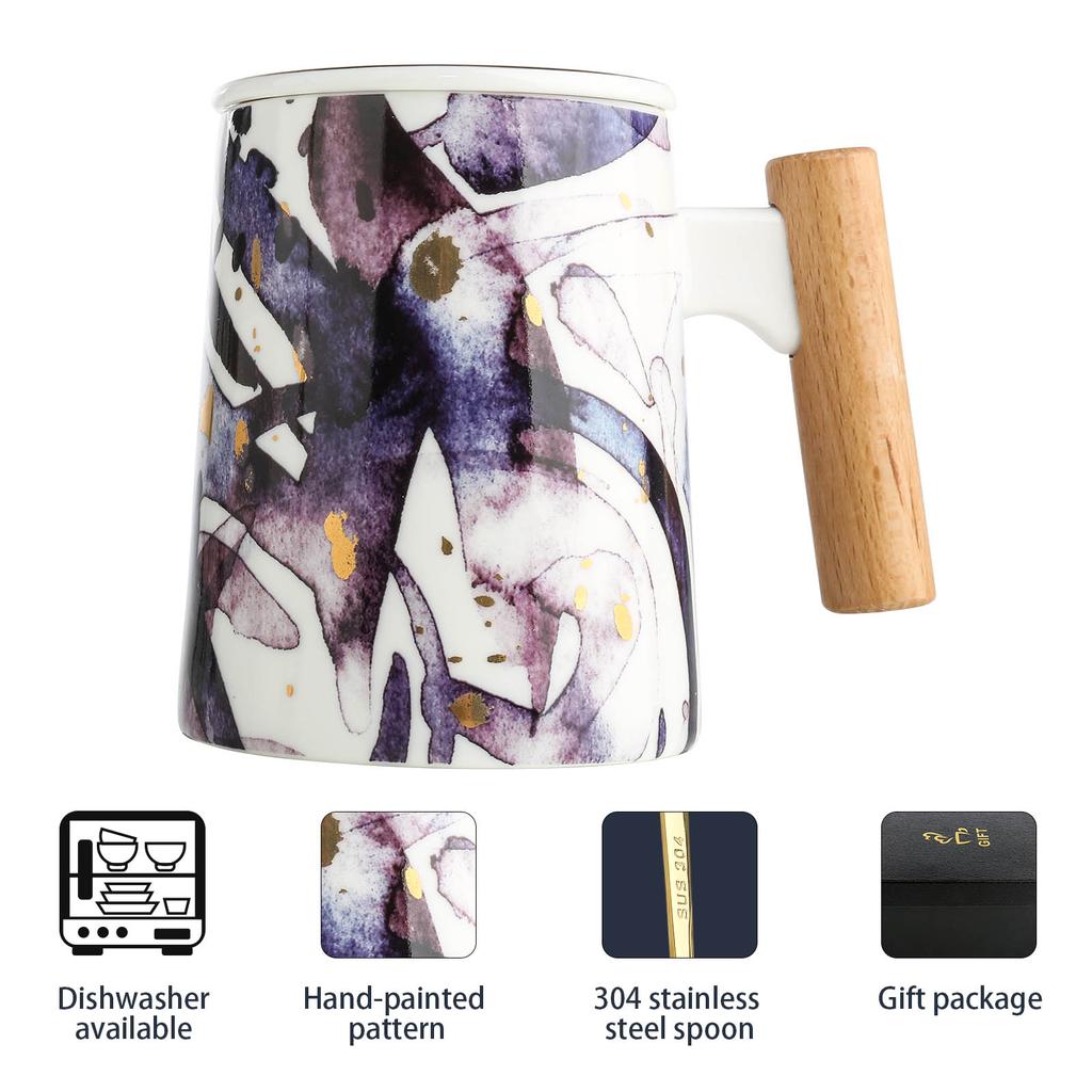 Tooarts Hrníček s víčkem Keramický šálek na čaj Šálek na kávu Velkoobjemový hrnek s dřevěnou rukojetí Ocel 304