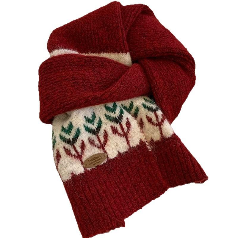 Fair Island Jacquard Knitted Scarf Women's Autumn and Winter Retro Coffee Color Thickened Warm Scarf Korean Atmosphere Wool