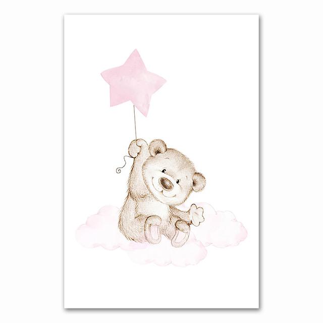 Pink Bear Moon Star Child Nursery Print Cartoon Animal Wall Art Canvas Painting Nordic Kid Baby Room Decoration Picture No Frame