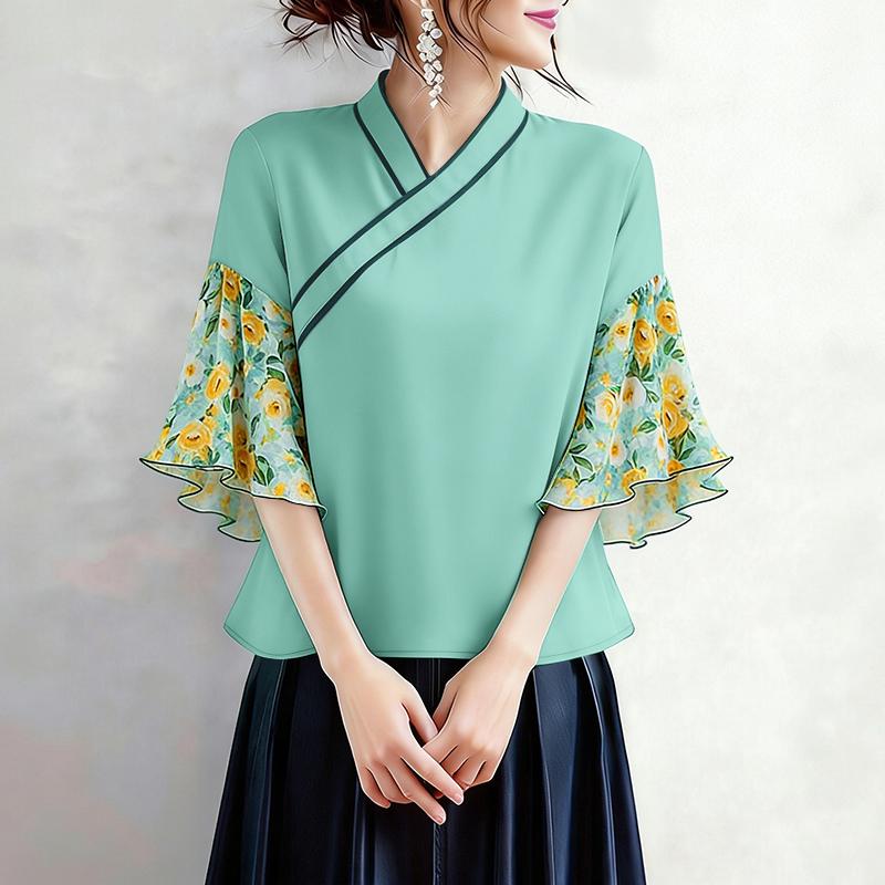 ZANZEA Women Casual V-Neck Loose Floral Print Splice Half Sleeve Blouse M зелёный