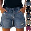 Women’s Casual Drawstring Waist Distressed Denim Shorts with Pockets and Rolled Hem for Summer Daily Wear