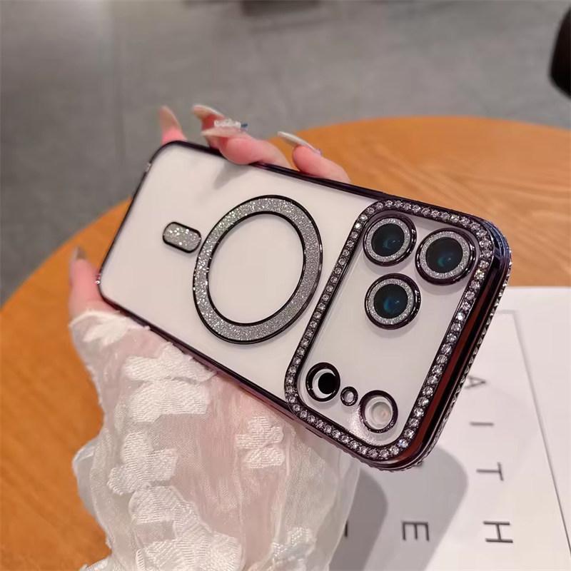 

Роскошный чехол для телефона с гальваническим покрытием, блестящими бриллиантами и прозрачной задней крышкой для iPhone 17 Air 17 Pro Max, с поддержкой магнитной беспроводной зарядки и защитой от падений iPhone 17 Pro Max фиолетовый