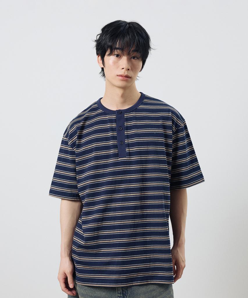 Dibsenseu Striped Henley Neck Short Sleeve T-Shirt - Blue