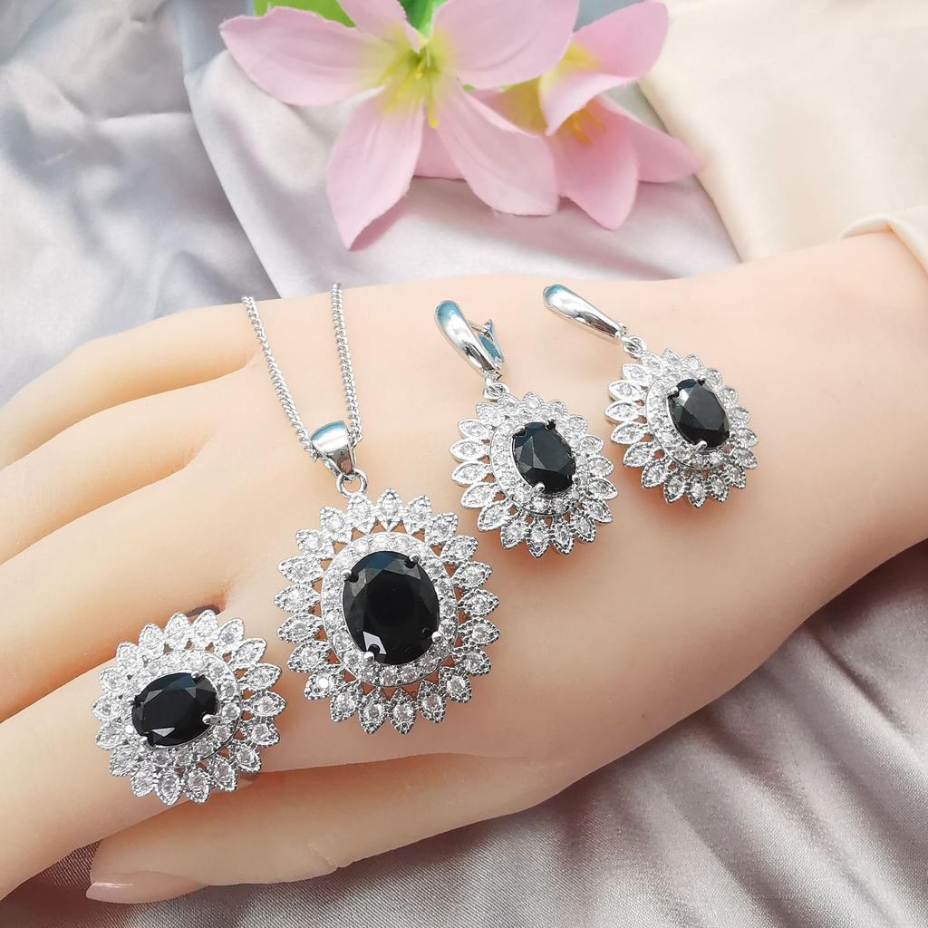 Fashion Jewelry Sunflower Zircon Necklace Earrings Ring Bracelet Set of Three.