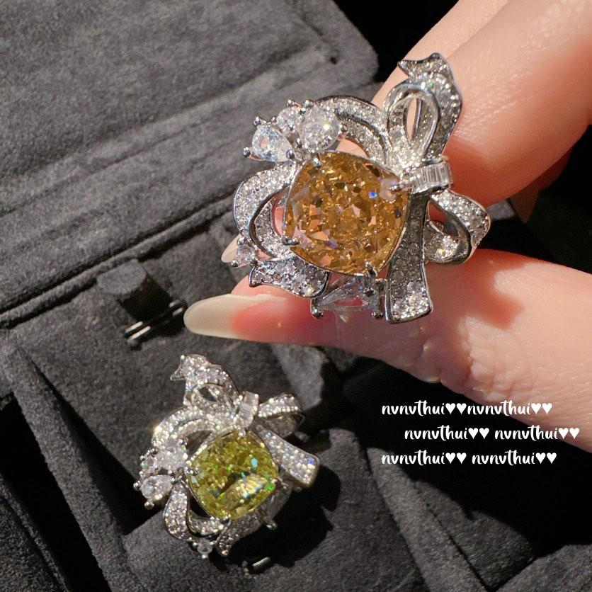 Papalacha Cinnamon Gem Bow Ring, Meimei Da, Plated 18K Gold, Mint Green Fat Square Zircon Ring