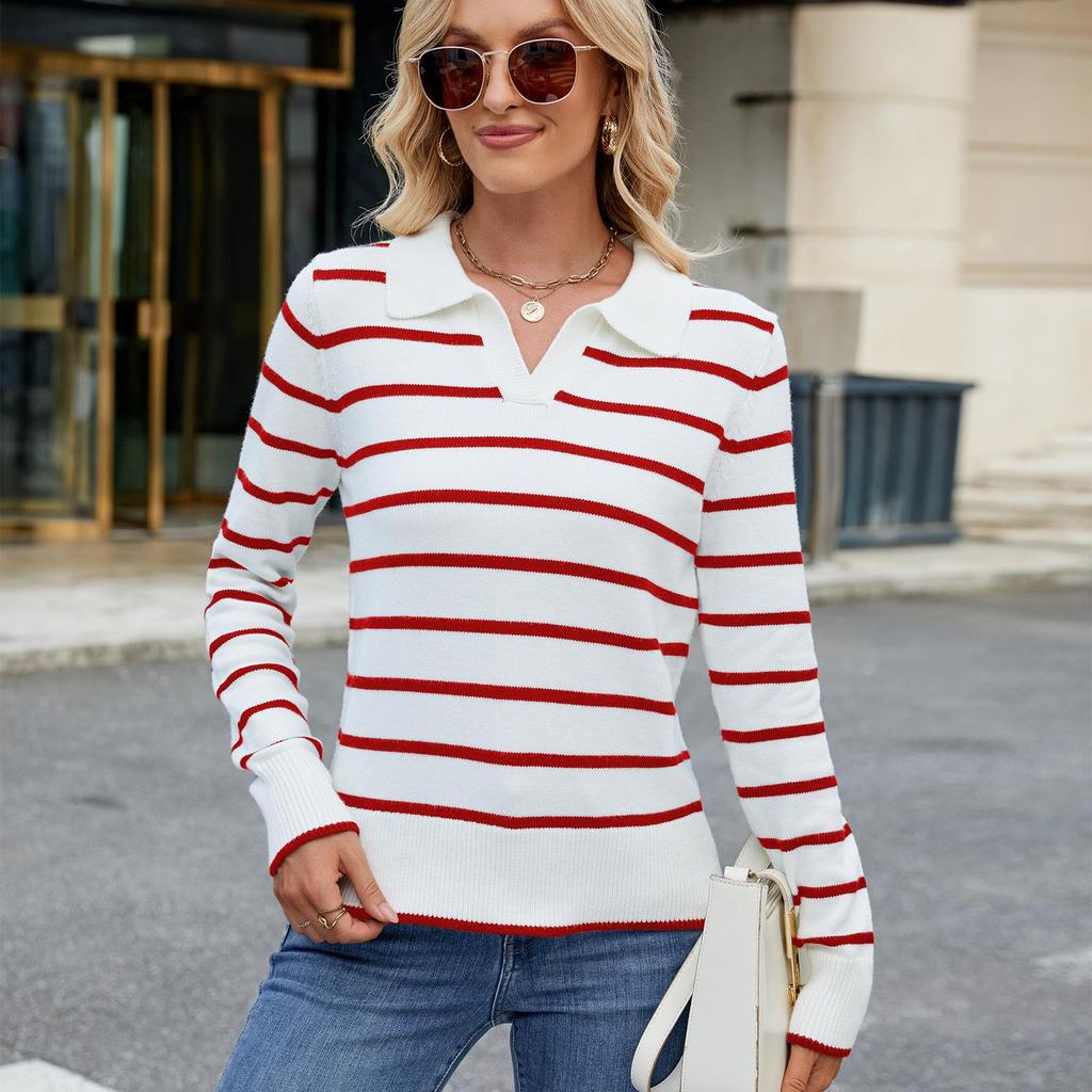 New 2025 Women's Casual Striped Knitwear Lapel Sweater Top