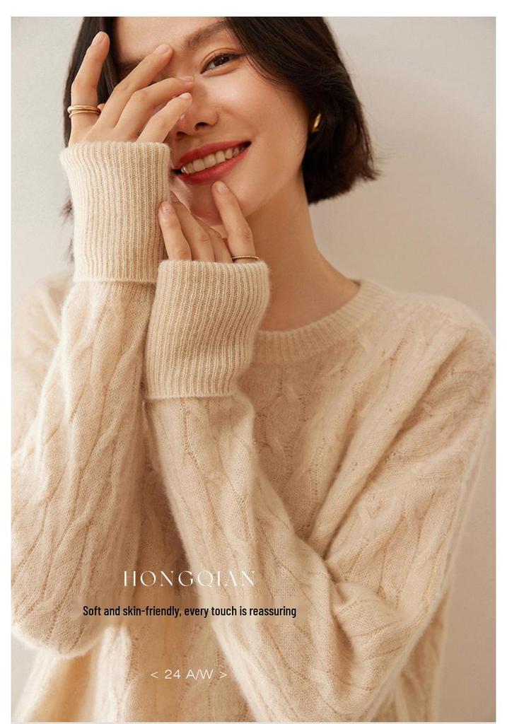 Women's 100% Pure Cashmere Cable Knit Loose Pullover Sweater - Autumn/Winter Luxury Fashion
