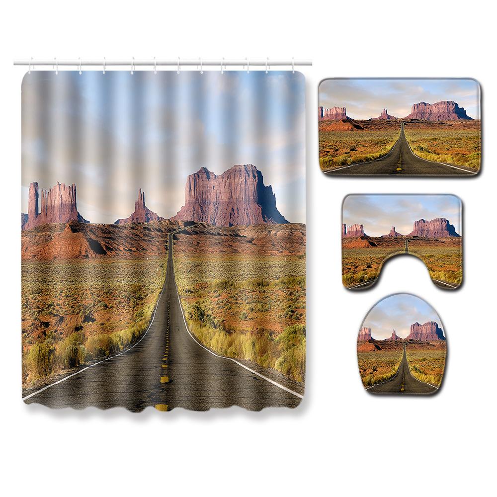 Landscape Shower Curtain Floor Mat Combination Four-Piece Set Bathroom Toilet Carpet Shower Room Mat Foot Mat