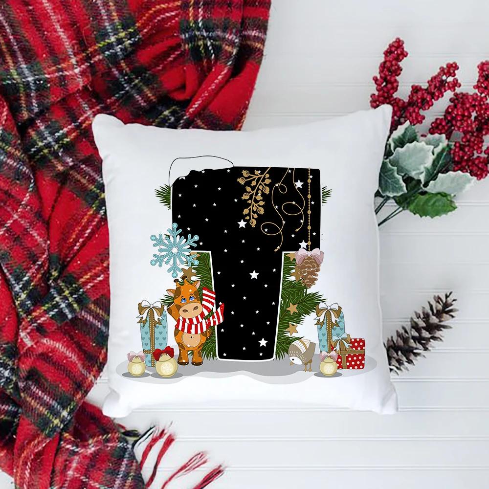 Christmas Cushion Cover Alphabet A-Z Pillow Covers Cute Cartoon Santa Claus Cushion Cover Pillowcases Home Xmas Decoration