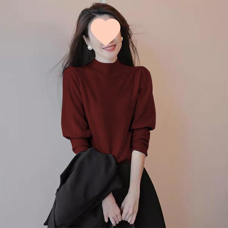 

Ancola Red Semi-High Neck Puff Sleeve Knit Sweater for Women - Autumn/Winter XL