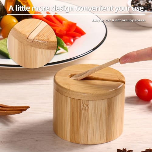 EDENMS Bamboo Salt Box with Spoon, Salt Cellar, Salt Keeper, Spice Storage Box, Seasoning Pot, Sugar Bowl with Swivel Magnetic Lid, Kitchen Spice Cell
