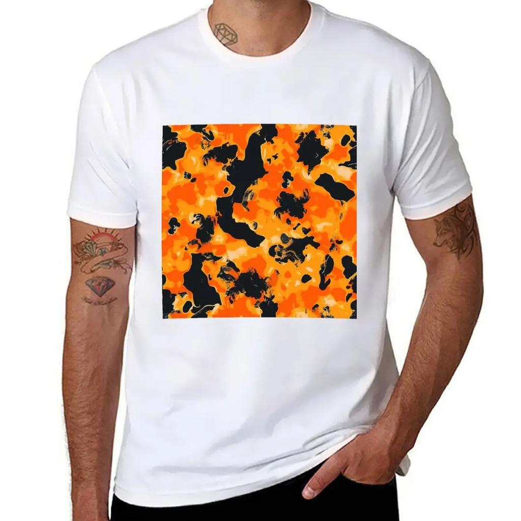 Design Abstract Camouflage Fluid Shapes in Neon Colors T-Shirt Orange Glowing Trippy Luminance Pattern designer clothes2024