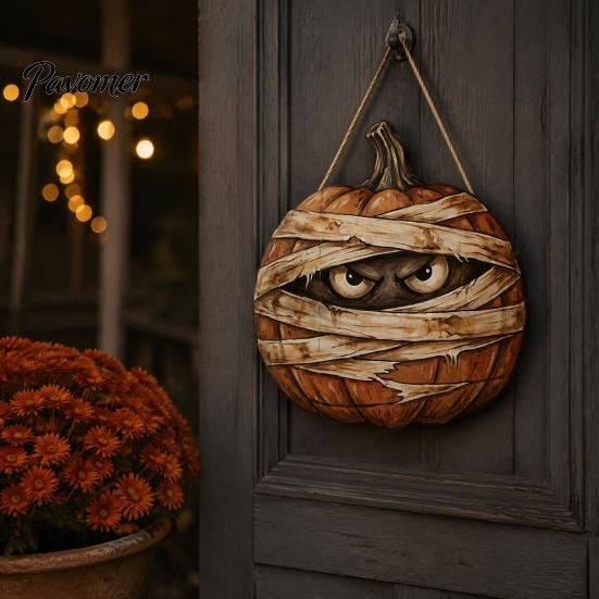 Unique Masked Ghost Decor Halloween Mummy Pumpkin Hanging Sign, Retro Wooden Pendant with Indoor Festival Props Hemp Rope for Front Door Wall Entrance