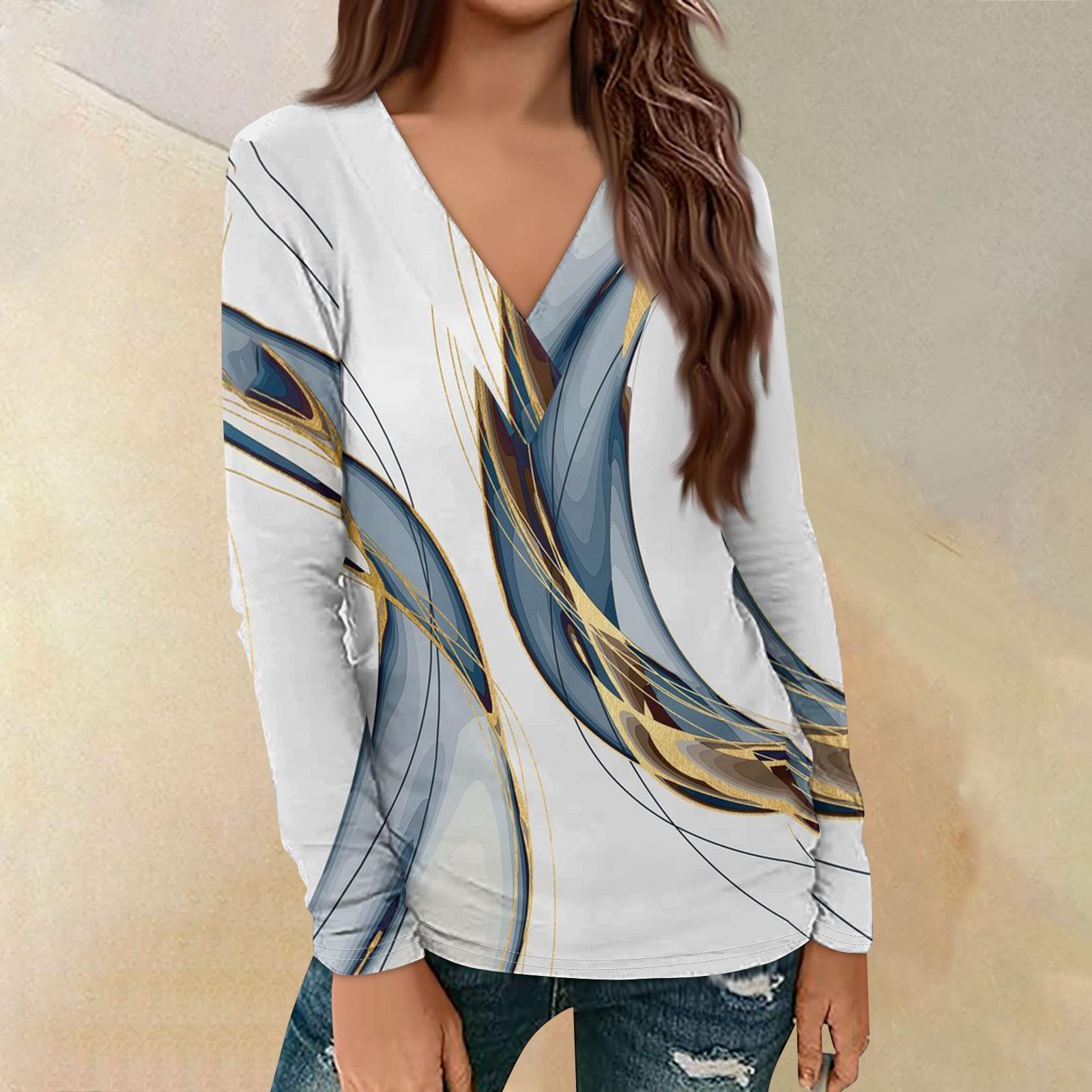 

Женский повседневный принтованный длинный рукав свободный пуловер с V-образным вырезом XL белый