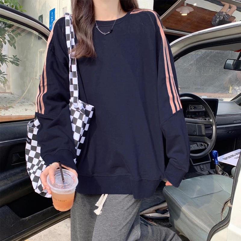 Autumn and Winter Sweatshirt Women Loose Striped Splicing Long Sleeve Tops Casual Versatile Female Winter Clothes Women