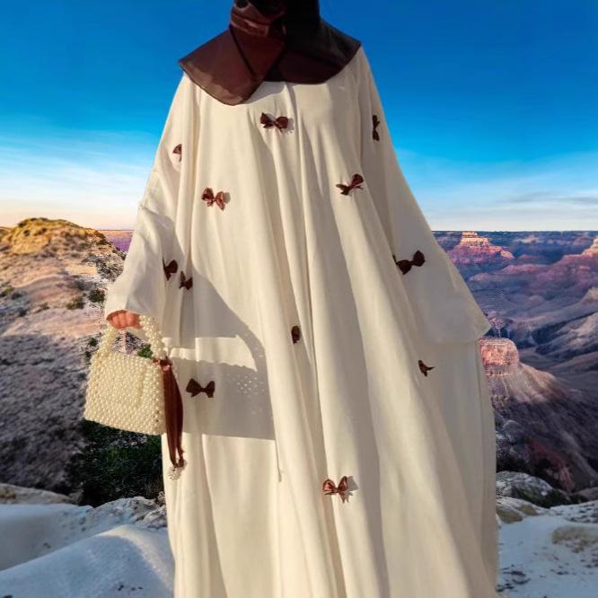 Arabic Women's Plus Size Flare Sleeve Abaya Dress - New 2025 Style, Dubai Bow Design