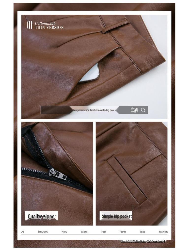Women's High Waist Sheepskin Straight Leg Leather Pants - Slimming Nine-Point Wide Leg (Autumn/Winter 2025 Collection)