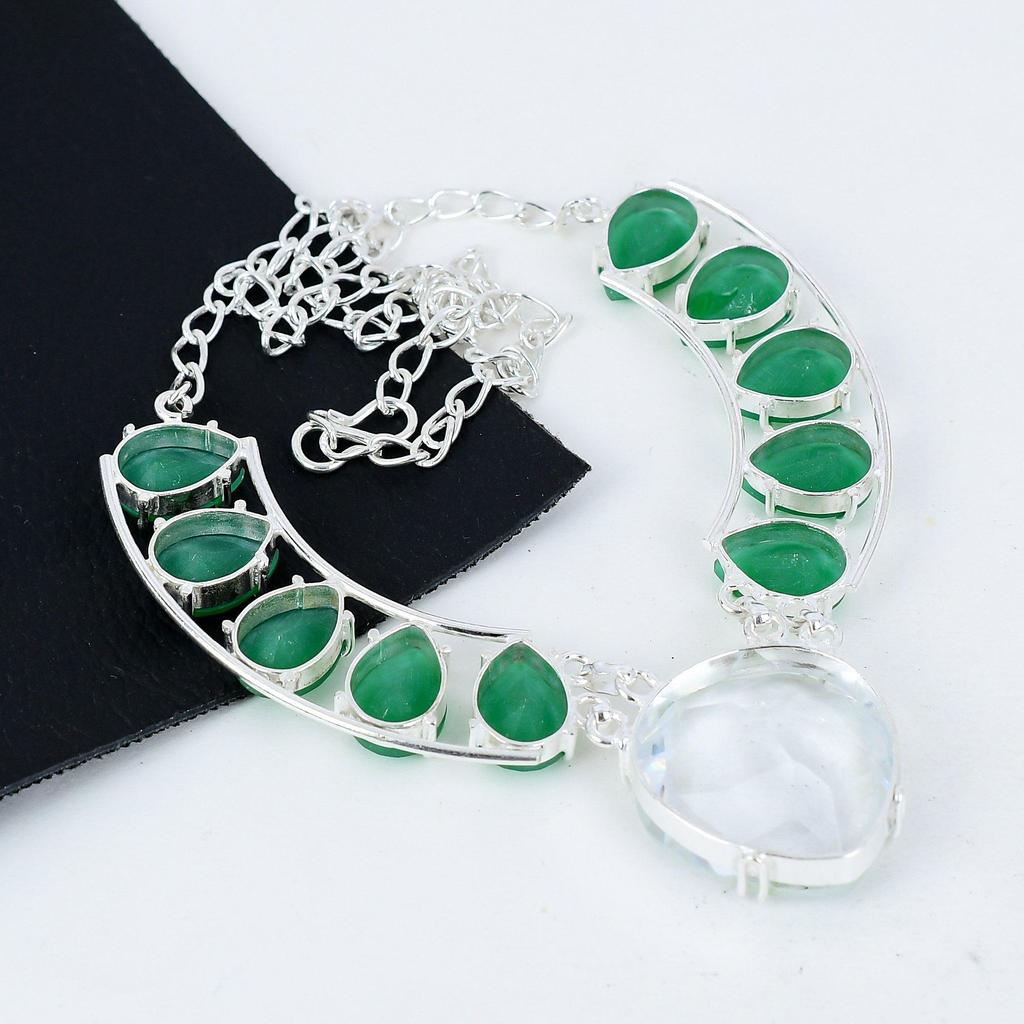 Amazing Emerald Gemstone Handmade 925 Sterling Silver Electroform Necklace, White Topaz Silver For Wife Unisex Pendant Anniversary Gifts