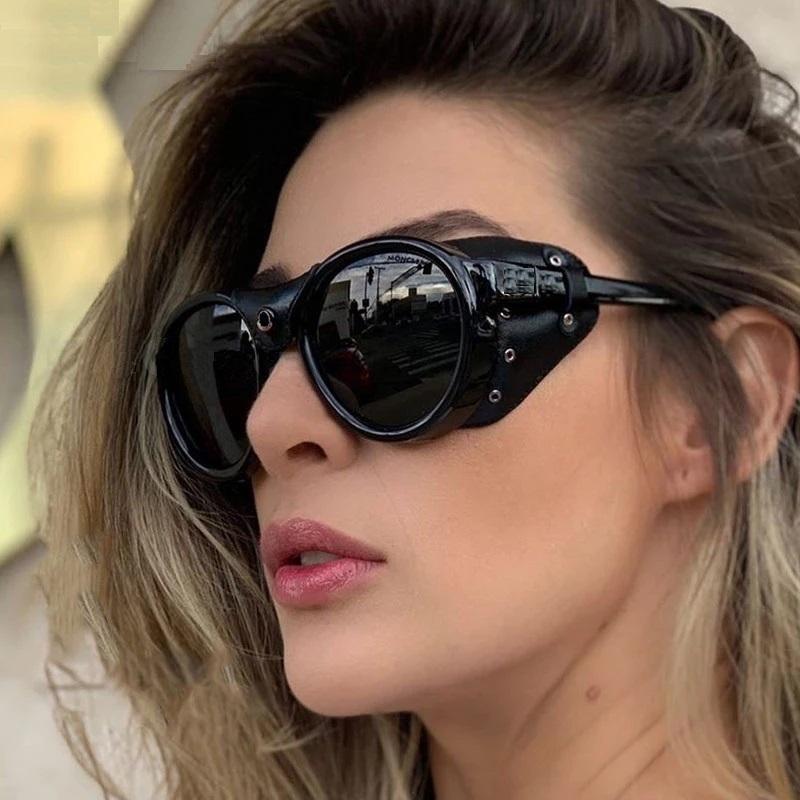 Sunglasses For Women Men Round Steampunk Leather Eyeglasses Vintage Luxury Goggles Brand Designer Uv400