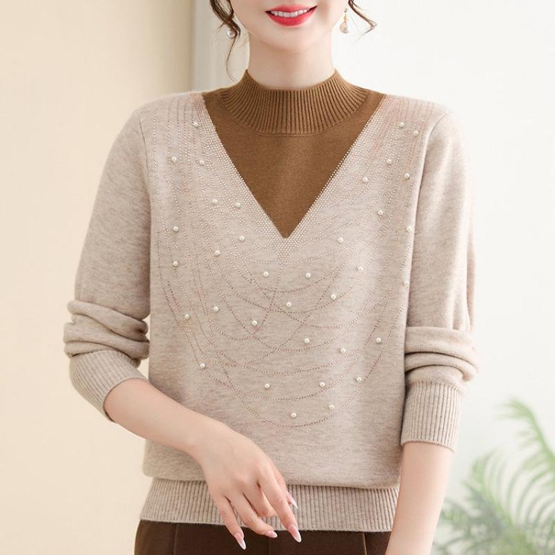 Mom s Velvet Thickened Knit Two-Piece Sweater for Autumn/Winter - Mid-Age Half-High Collar 2XL - 106-120 lbs