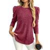 2025 New Women's Round Neck Puff Sleeves Grinding Pit Strip Solid Color Top Solid Color Versatile Long-sleeved T-shirt