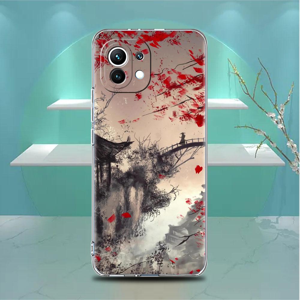 Landscape Ink Painting Japan Samurai Art Clear Case For Xiaomi Mi Poco X3 NFC M3 Pro F3 F1 11 Lite 12 Note 10 11T 9T Phone Cover