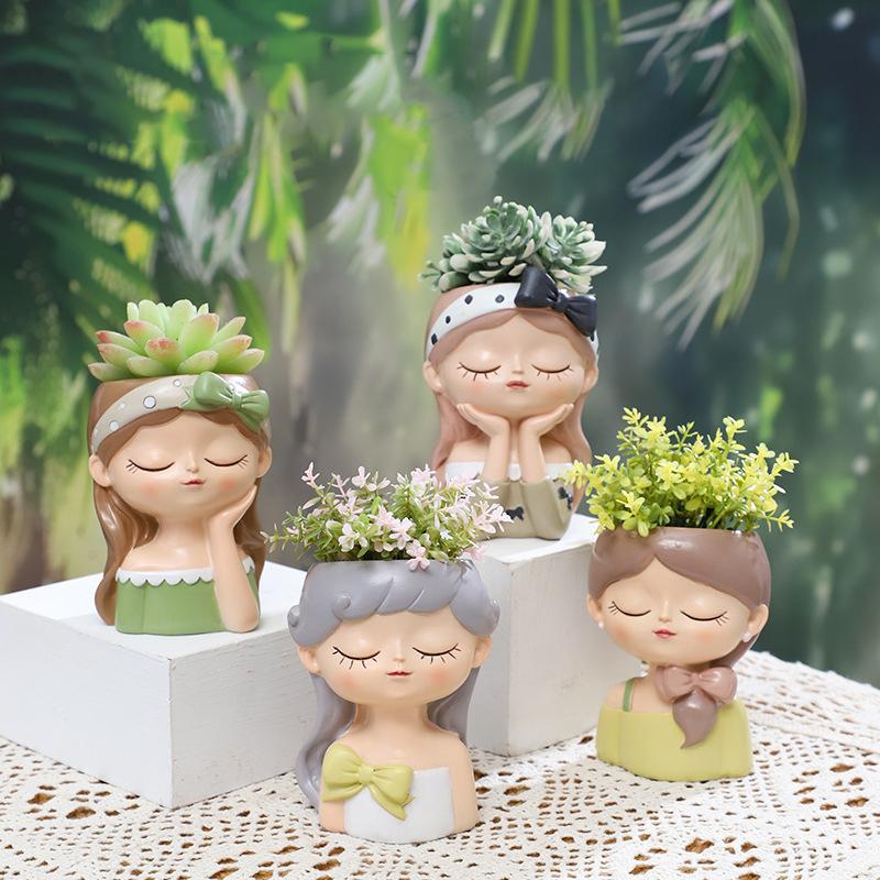 Cute Girl Small Plant Pot Resin Succulent Planter for Home Office Desk Mini Ornament Fairy Garden Flowerpot Decoration