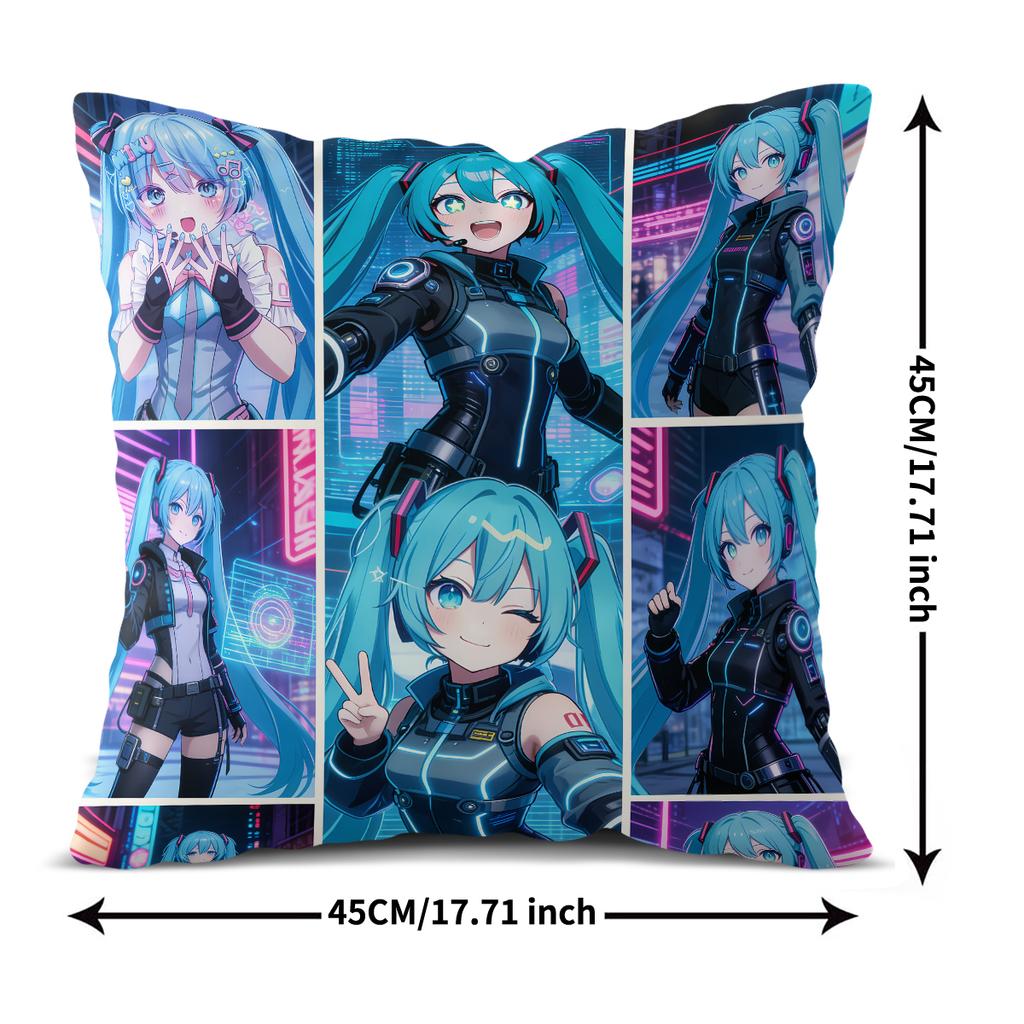Hatsune Miku Print Short Plush Throw Pillow/Sofa Cushion/Simple Nap Mat/Office Lumbar Support Cushion, Anime Home Decor