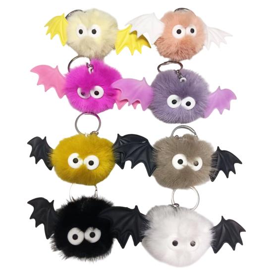 Holiday Gift for Men Halloween Bat Plush Keychain, Cute Devil Furry Pendant Funny Bag Decoration Keys, Vintage Silver Alloy Key Ring, Spooky