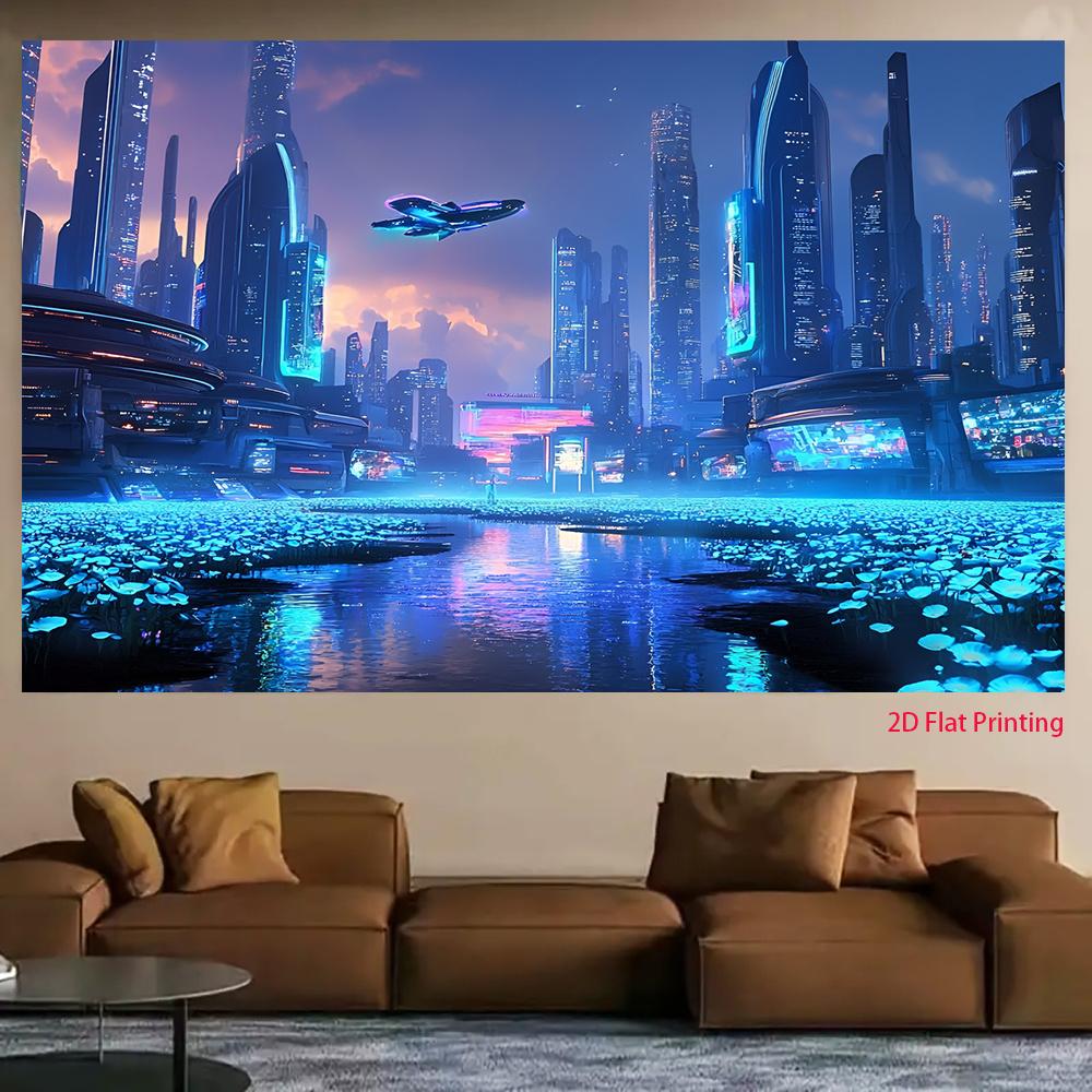 2D Plane Futuristic City At Night Suitable for Party Decoration or Room Design Polyester Fiber