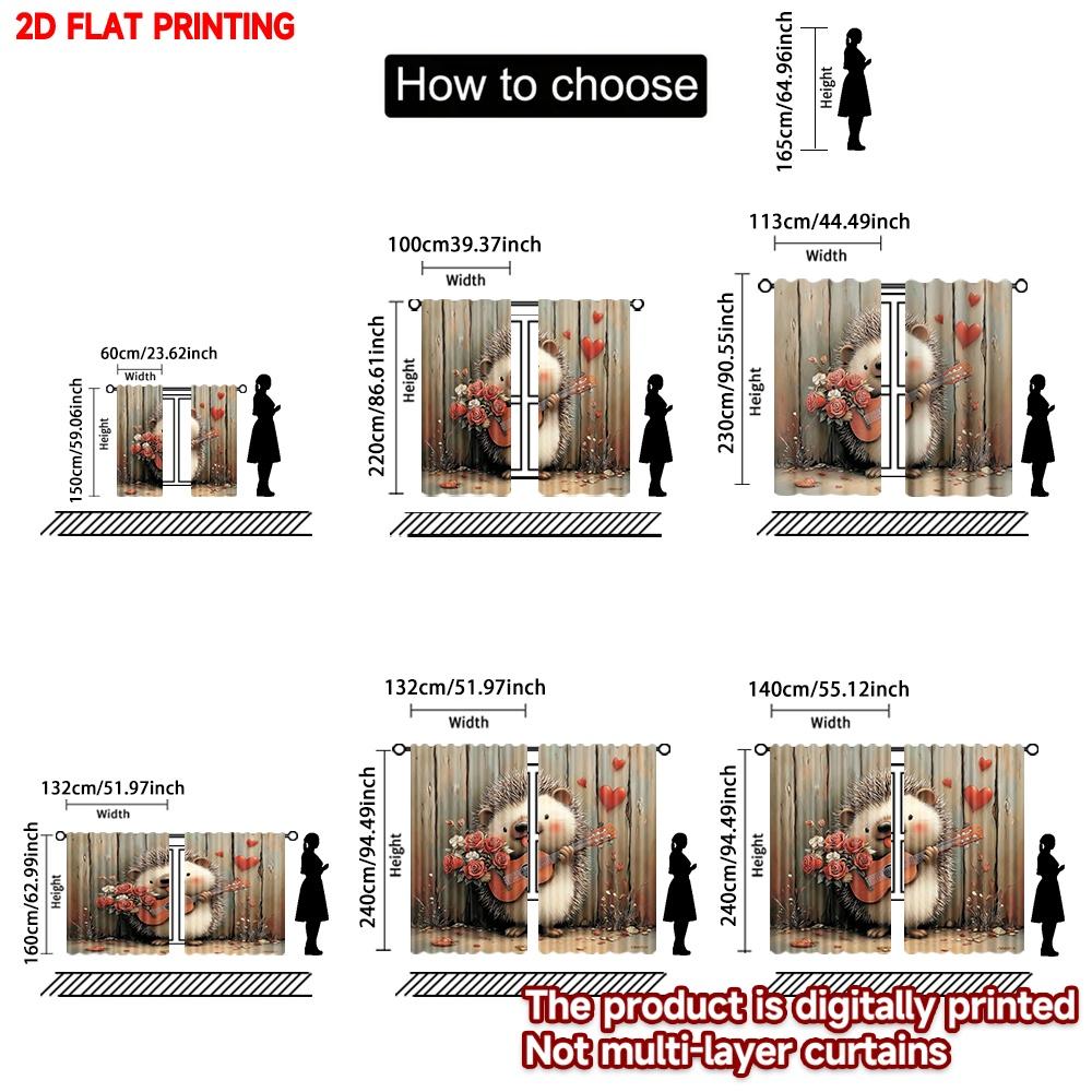 Hedgehog Guitar Curtains Flat Digital Print Blushing Animal Playing Music Red Roses Cozy Living Room Decor Set Of 2 Made Polyester Area