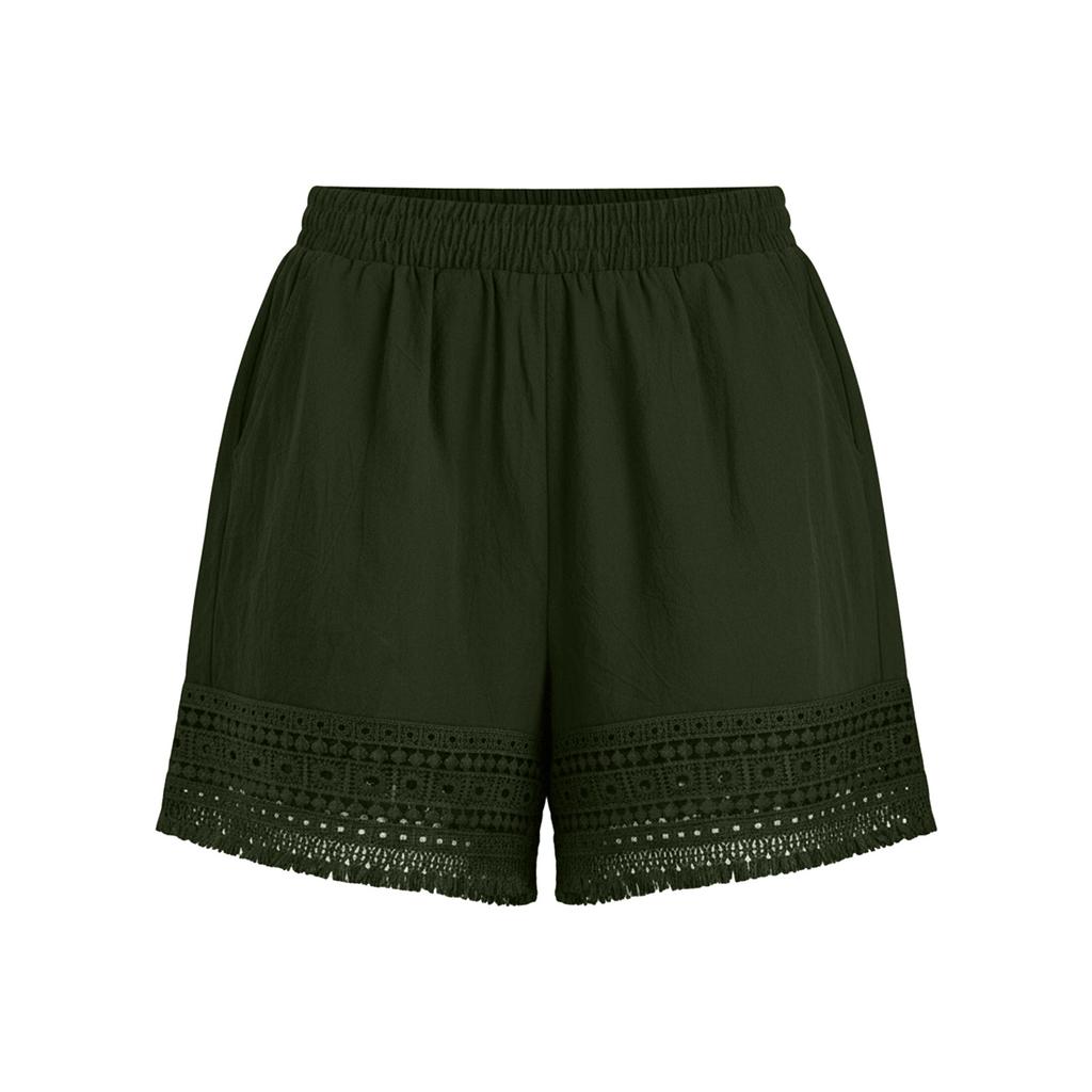 Women’s High Waist Elastic Shorts with Crochet Lace Trim Loose Fit Lightweight Summer Casual Shorts with Pockets