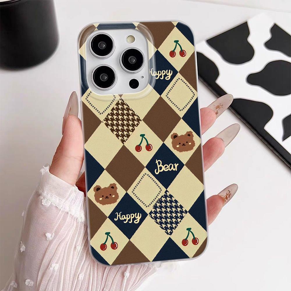 Checkered Bear Cherry Phone Case For iPhone 17 17Air 16 15 14 13 12 11 Pro Max 16 Plus Matte Shockproof Soft Cover Funda