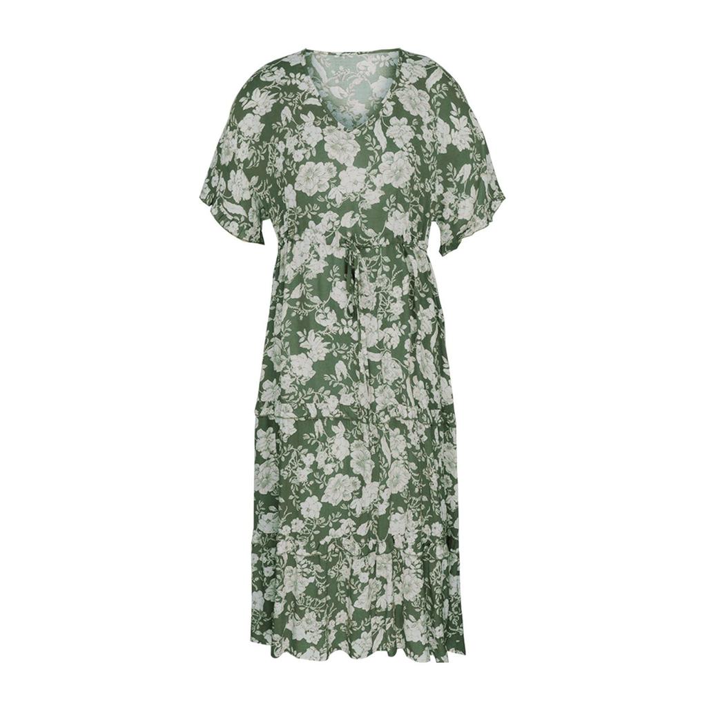 Damen Boho-Kleider, Blumendruck, kurzärmelig, V-Ausschnitt, lässig, hohe Taille, Strand-Maxikleid