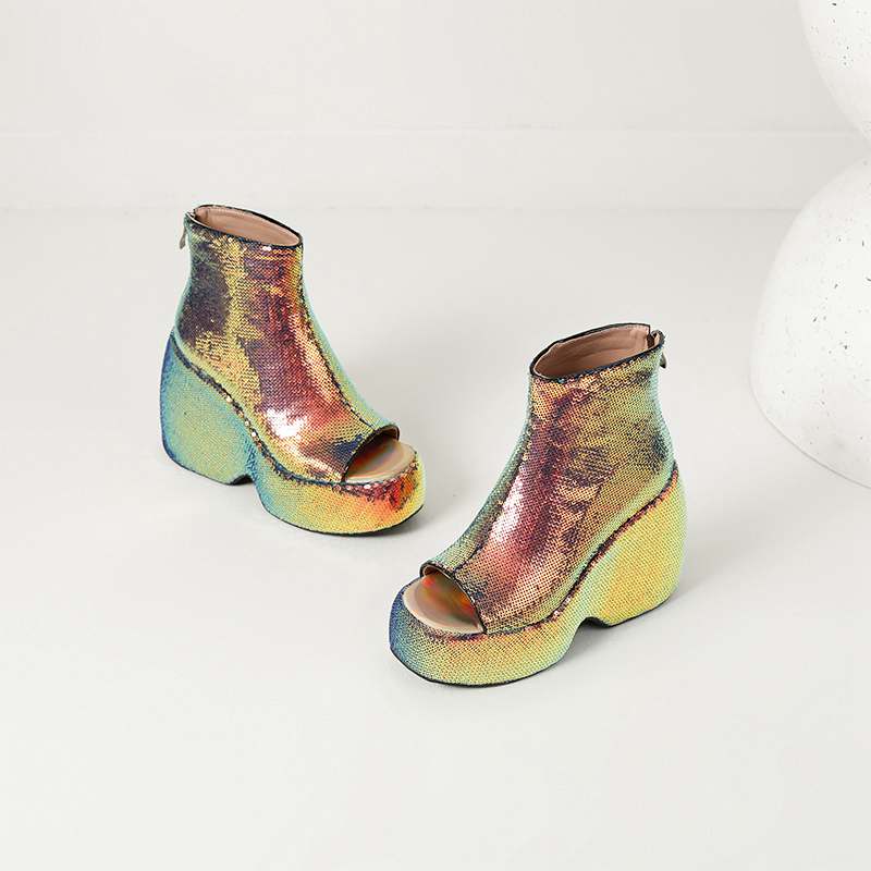 Krazing Pot Sequin Cloth Spring Summer Size 43 Size 42 Women Platform Women Peep Toe Toe Sexy Summer Boots Zipper Thick Bottom Pumps