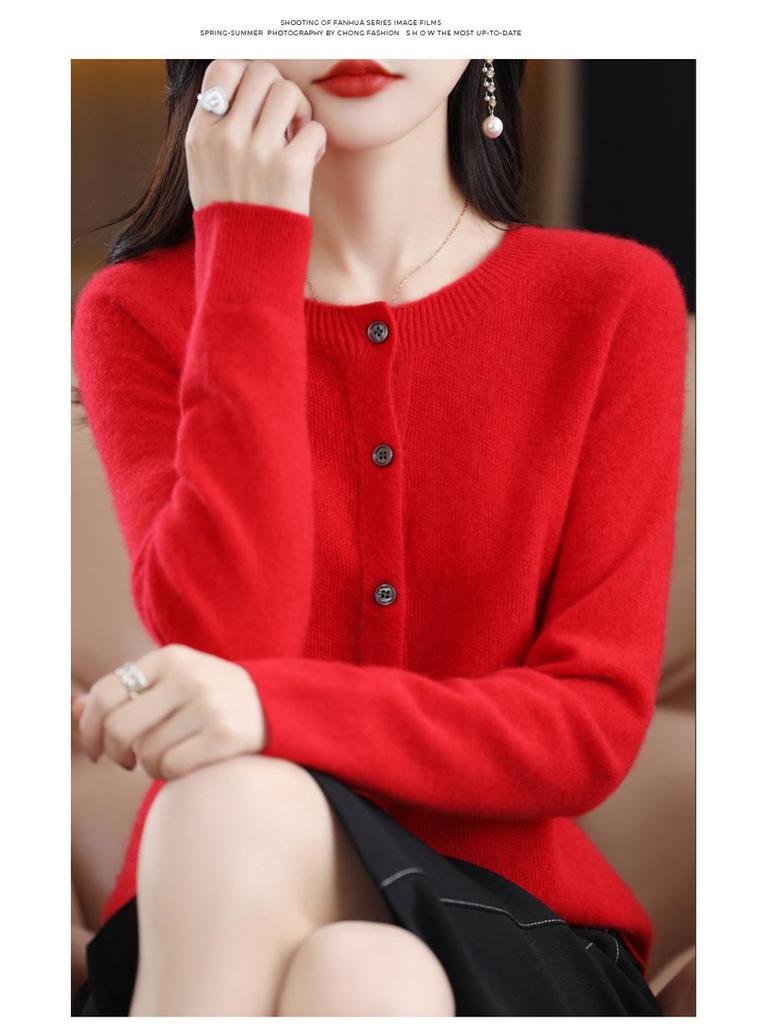 Women's 100% Wool Solid Color Cardigan Sweater - Autumn Collection