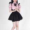 Summer Pink Sweet Kawaii 2 Piece Set Women Black Korean Style Skirt Suit Female 2023 Elegant Cute Blouse + Suspenders Mini Dress