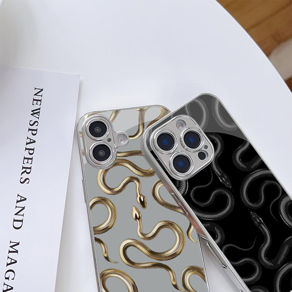 N135 Black Gold Snake Art Phone Case for iPhone 16 15 11 Pro Max Samsung S24 S23 A54 A35 Xiaomi Redmi Note 13 12 Pro Plated Frame Tempered Glass Cover