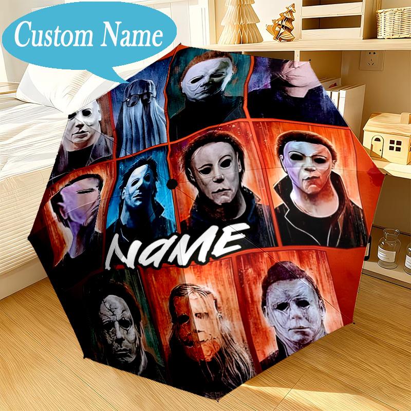 Custom Name Umbrella Halloween Horror Icons Umbrella 8-Frame for Travel, Camping, Casual Lightweight Portable, Essential for Family Gifts