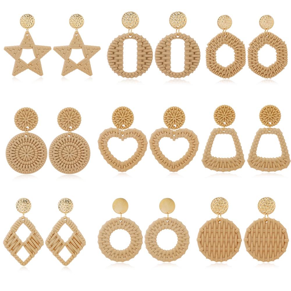 Geometric Rattan Woven Natural Wood Color Acrylic Earrings for Women's Jewelry