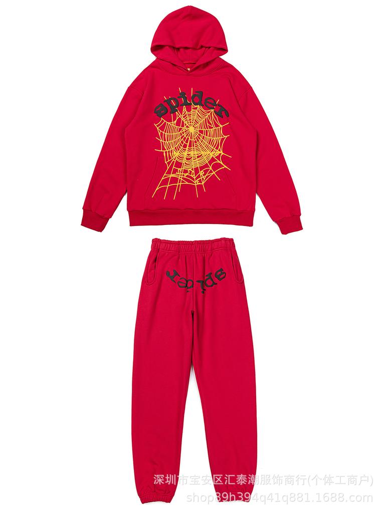 Sp5der5555 Těžká bavlněná froté mikina s kapucí a tepláky se síťovanými pěnovými písmeny