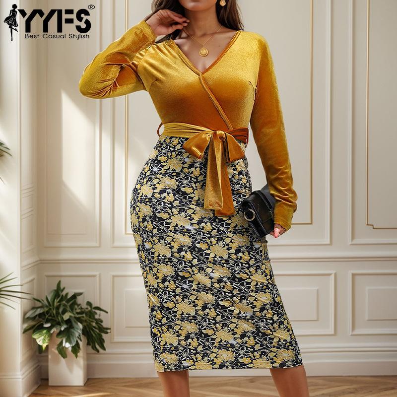 YYFS Moda damska Wiosna Jesień Kwiatowy wzór Drukuj Długi rękaw, Dekolt w kształcie litery V, Wysoka talia, Casual Sukienki