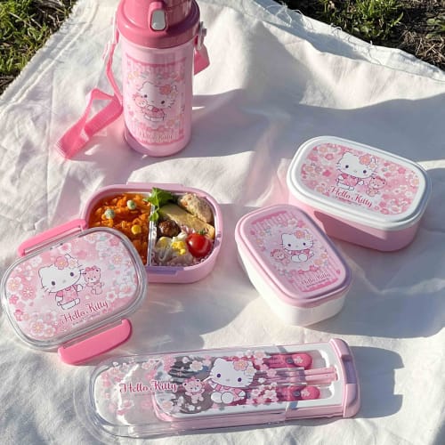 OSK Cutlery Set, Hello Kitty Sakura Design, with Pull-Lid Trio, Chopsticks, Spoon, and Fork, Made In Japan, Sliding Design, Dishwasher Safe, Easy To U