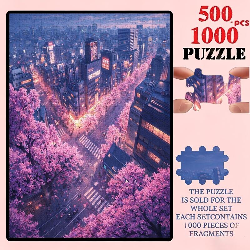 500/1000pcs Puzzle Game (Night Cherry Blossom Over City Neon Street Sky) Suitable for Living Room Decoration, Wedding Home Decor, Gift Packaging, Jigs