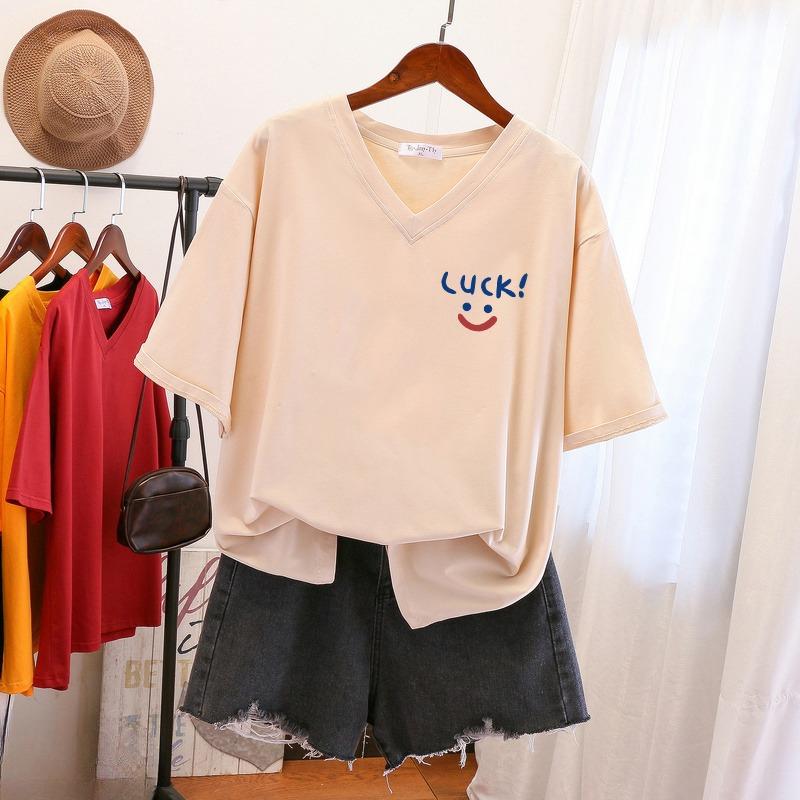 

Футболка з коротким рукавом, Вільного крою, Приталена футболка з V-подібним вирізом з принтом для жінок 5XL абрикосовий