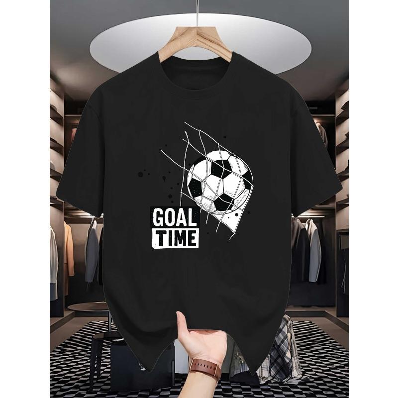 European Size Soccer Goal Net Black and White Men's Summer Short-sleeved T-shirt Fashion Trend Printed | Base Shirt Round Neck Casual Versatile Top