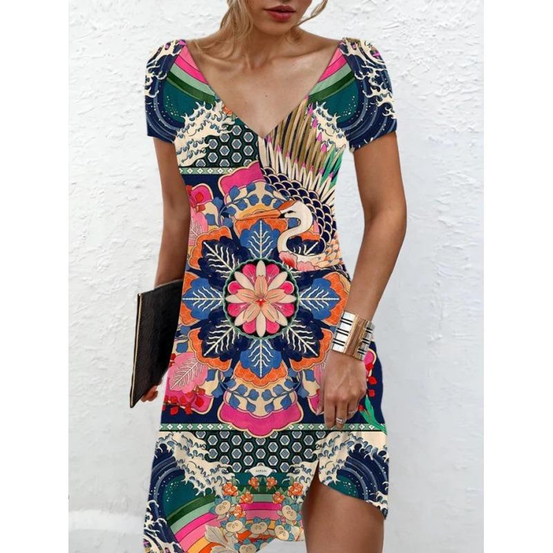 JPNTKY Fashion Summer Spring  Short Sleeve V-Neck Casual Dresses